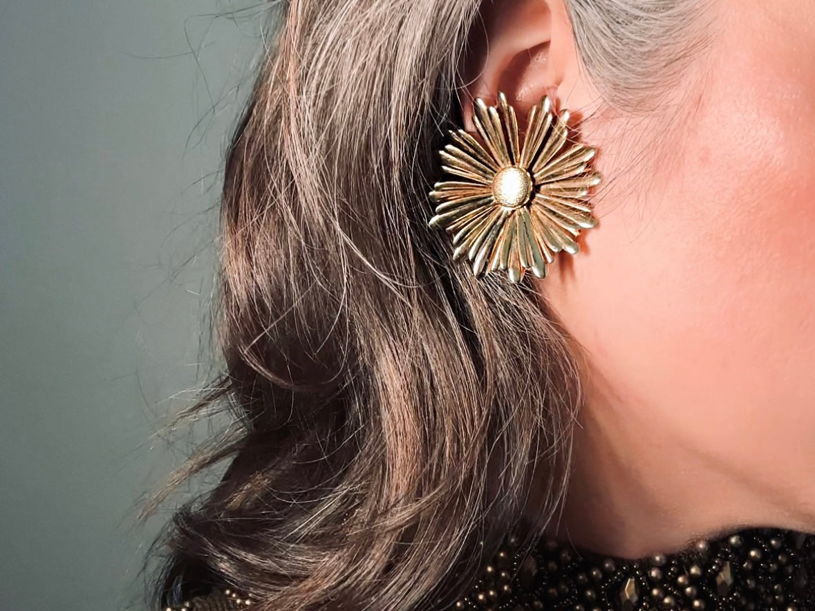 60s Gold Daisy Earrings, 1969 Oversized Golden Daisy Flower Earrings, Huge Glam Clip On Earrings, 1960s Retro Mod Earrings SIGNED SC