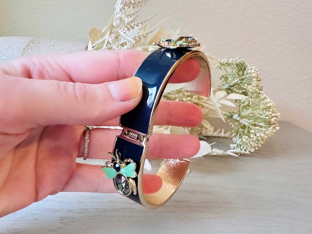 Vintage Cuff Bracelet, Navy Gold and Mint  Enamel Hinged Bracelet with Rhinestone Firefly Bugs, Gold Hinged Clamper Bracelet for Stacking