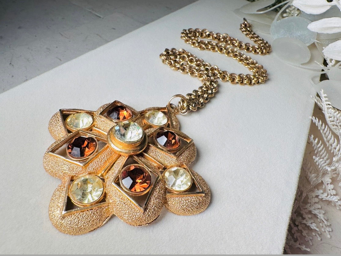 Vintage Maltese Cross Pendant Necklace with Topaz and Citrine Crystals, 1970s Gold Starburst Necklace, Big Bold 70s Pendant Necklace