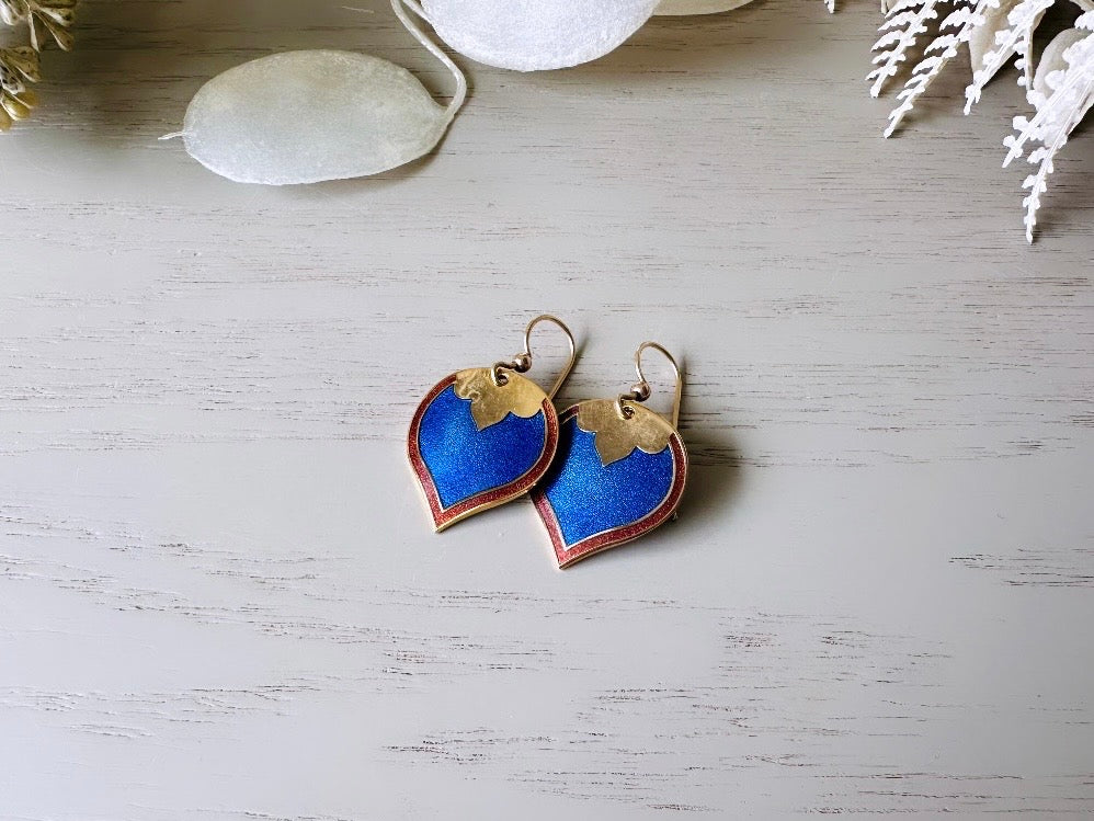 Vintage Cobalt Blue Skye Earrings, Gold Plated  1980s Vintage Earrings, Small Gold Enamel Teardrop Earrings, Pretty Blue and Brown Jewelry