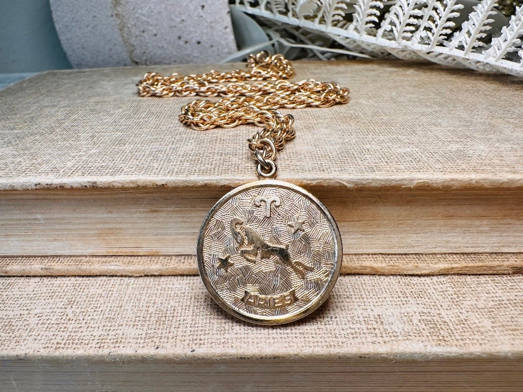 Vintage Aries Zodiac Necklace, Star Sign Astrology Necklace, Unique Birthday Necklace, 20" Long Gold Coin Aries Astrology Pendant Necklace
