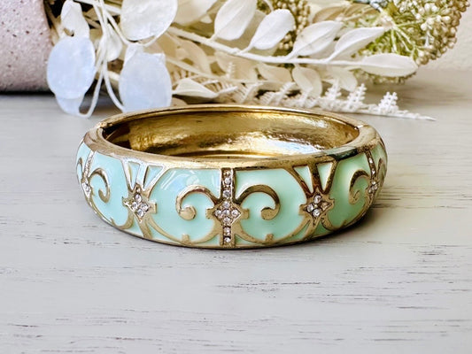 Mint Green Vintage Cuff, Gold Scroll Enamel with Diamond Rhinestone Accents, Hinged Cuff Bracelet, Classic Bracelet with Mint Green Enamel