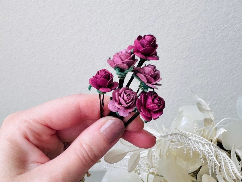 Rose Hair Pins in Wine Purple and Soft Lilac,  Paper Flower Bobby Pins, Merlot Wedding Rustic Hair Pins, 6 Floral Autumn Fall Hair Flowers MPR6