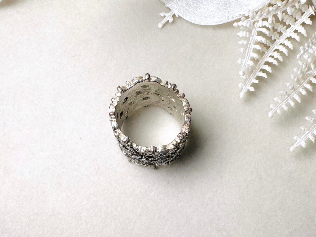 Silver Filigree Ring, Antique Silver Lace Ring with Hearts + Cut Outs, Vintage Statement Ring, Thick Band Costume Cocktail Ring, Size 6