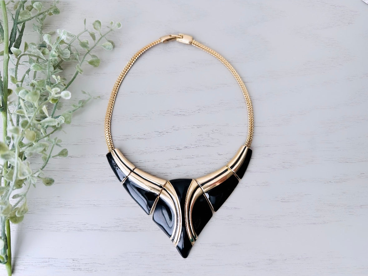 Vintage Black Enamel Choker Necklace, Classic Gold and Black, Enameled Retro Gold Collar Necklace, 80's Geometric Statement Necklace