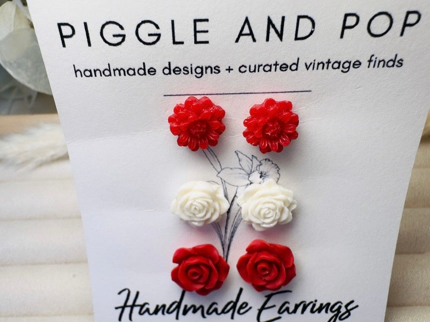 Flower Earrings Set in Red and White, Rose and Daisy Handmade Floral Resin Stud Earrings with Hypoallergenic Posts