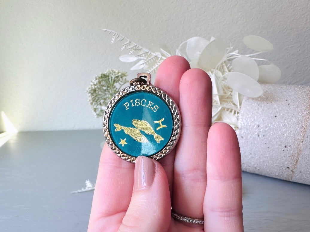 Vintage Pisces Zodiac Necklace, Star Sign Astrology Necklace, Unique Birthday Gift, Long Gold Pendant Double Sided Aqua & 1776 Coin Pendant