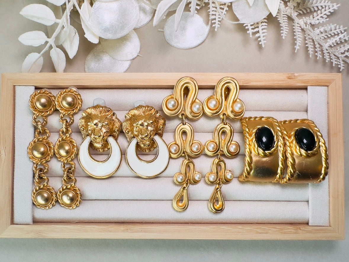 Matte Gold Drop Chain Earrings, Erwin Pearl Vintage Clip On Earrings, 1980s Dramatic Gold Earrings, Triple Link Chain Rope Border Earrings