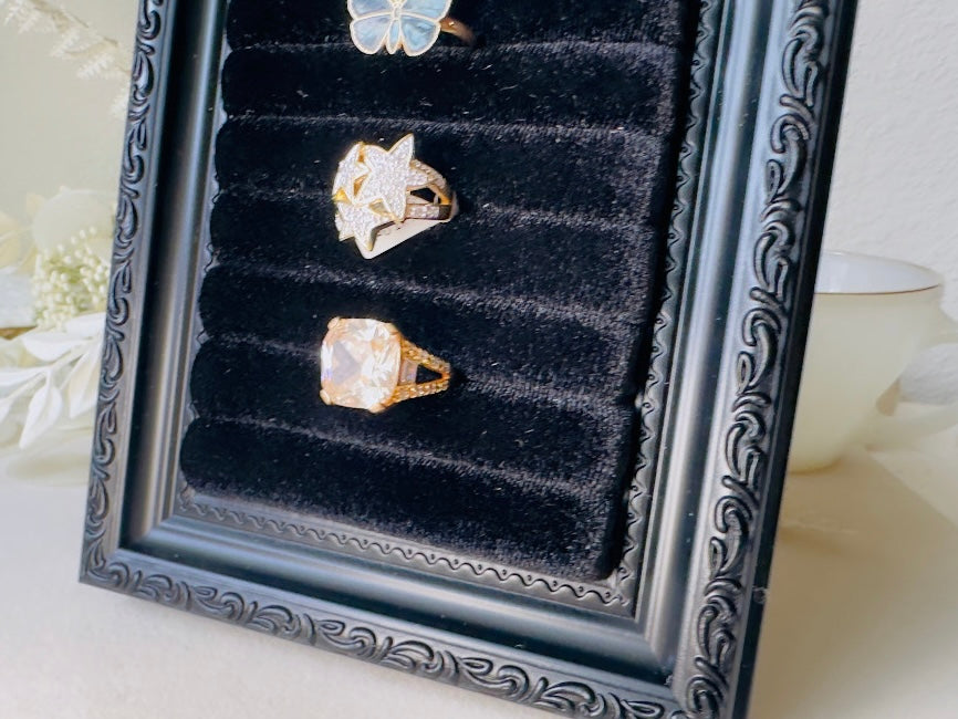 002 Black Velvet Jewelry Display Frame, Handmade Victorian Style Midnight Black Ring Holder