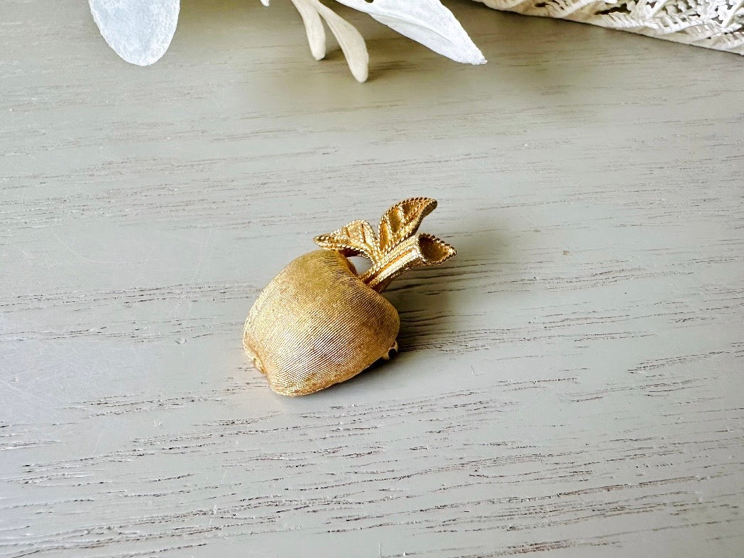 Gold Apple Brooch, 1974 Gilded Apple Vintage Brooch, Brushed Gold Understated Pin, Pretty Teacher Gift Back to School, Quirky Cute Fruit Pin