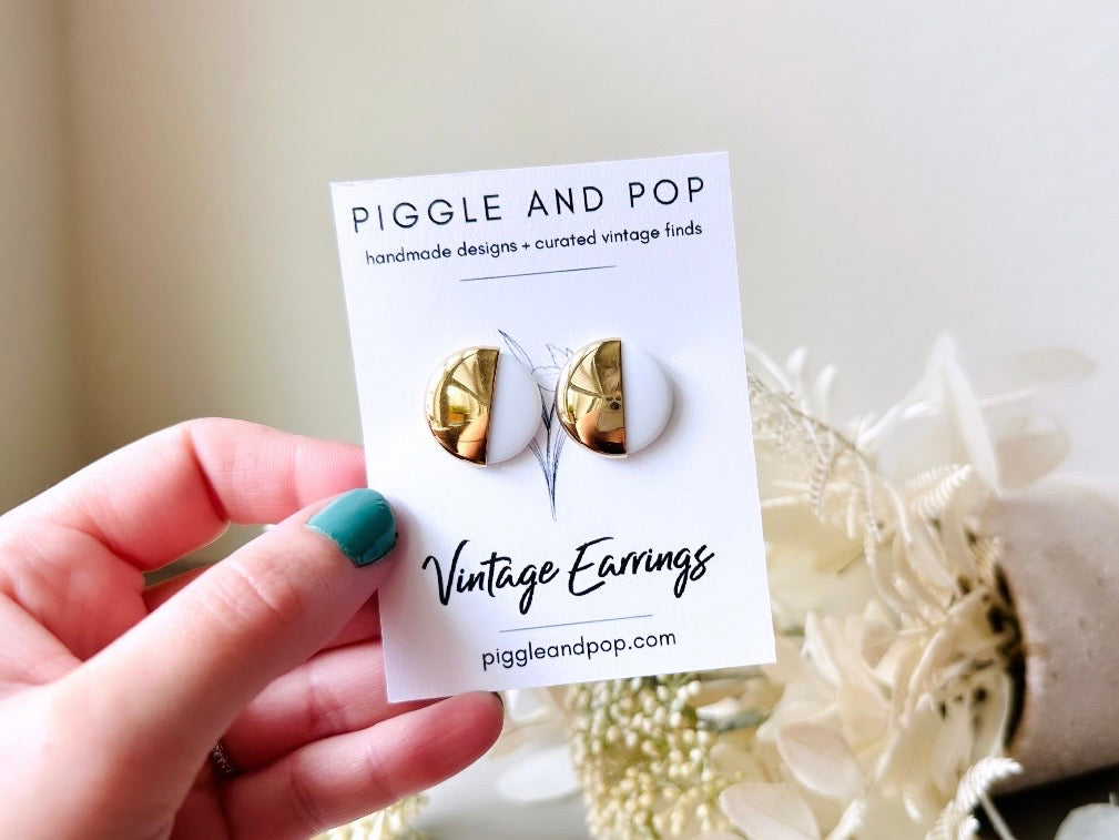 White & Gold Earrings, Vintage 1980's Stud Earrings, Round Acrylic Posts with Gold Half Moon Overlay, Interesting Pierced Post Gold Earrings