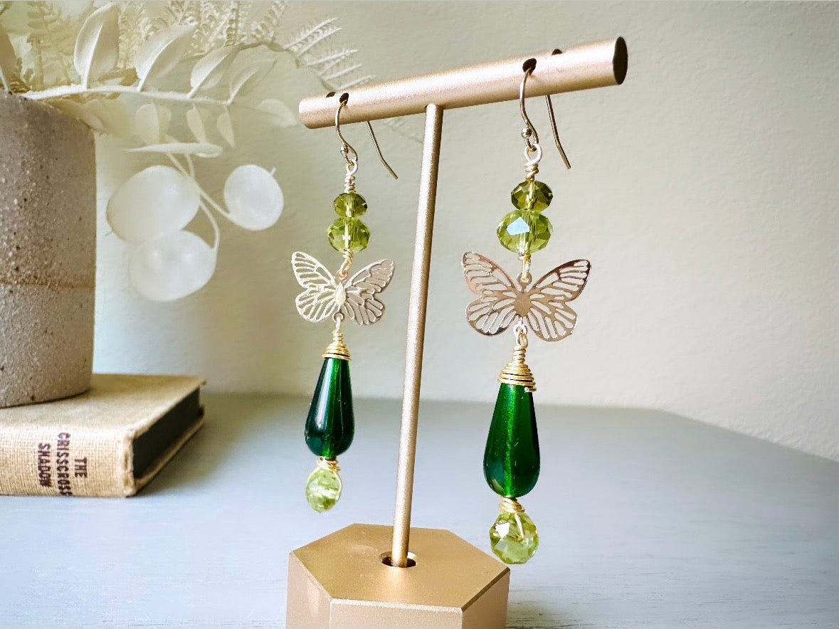 Green Butterfly Earrings, Bridgerton Inspired Handmade 14k Gold Filigree Butterfly Green Crystal Dangle Earrings, Woodland Whimsical Earring by Piggle and Pop