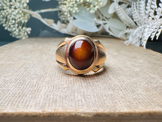 Tigers Eye Ring, Vintage Gold Gemstone Statement Ring, Chunky Unisex 1970s Cocktail Ring