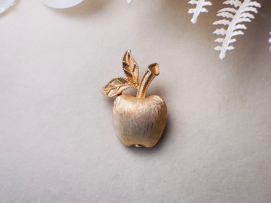 Gold Apple Brooch, 1974 Gilded Apple Vintage Brooch, Small Brushed Gold Understated Pin