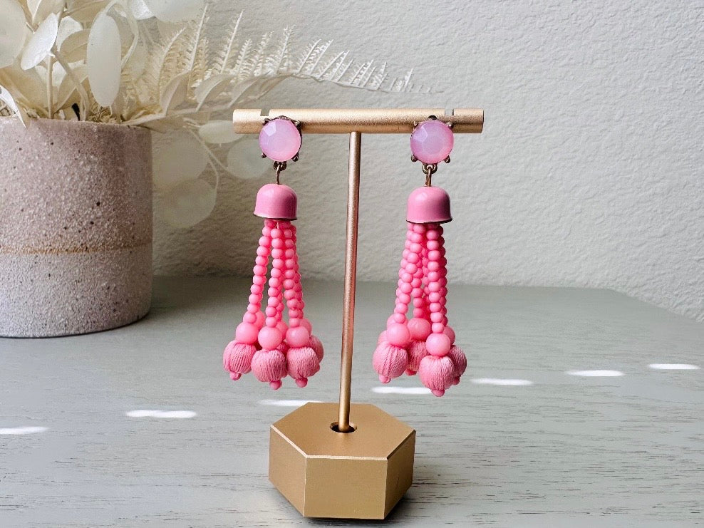 Pink Tassel Earrings, Bright Pink 1960s Earrings, Swinging 60s Vintage Earrings, Barbie Pink Mod Pop Beaded Fringe Pierced Fashion Earrings