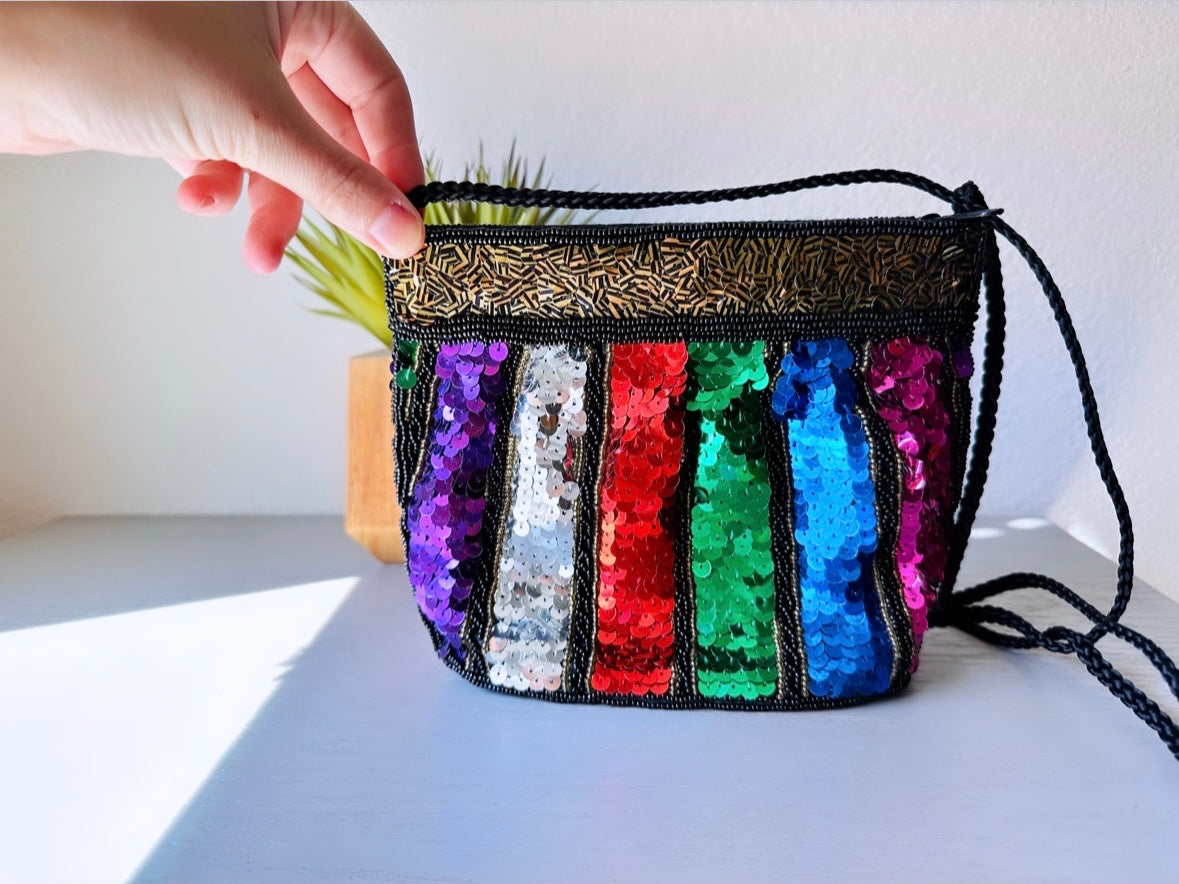 Rainbow Sequin Purse, Incredible 1980s Vintage Multicolor Sequin Beaded Handbag, Pink, Purple, Blue, Green, Gold, Silver. 80s Rainbow Clutch