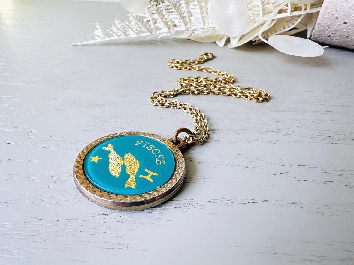 Vintage Pisces Zodiac Necklace, Star Sign Astrology Necklace, Unique Birthday Gift, Long Gold Pendant Double Sided Aqua & 1776 Coin Pendant