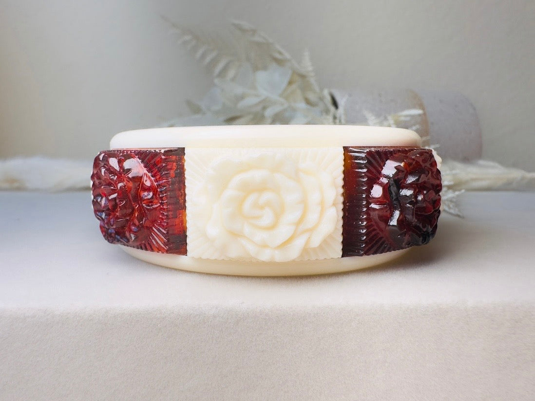 Vintage Bangle Bracelet, 1970s Carved Rose Lucite Bracelet in Cream and Amber