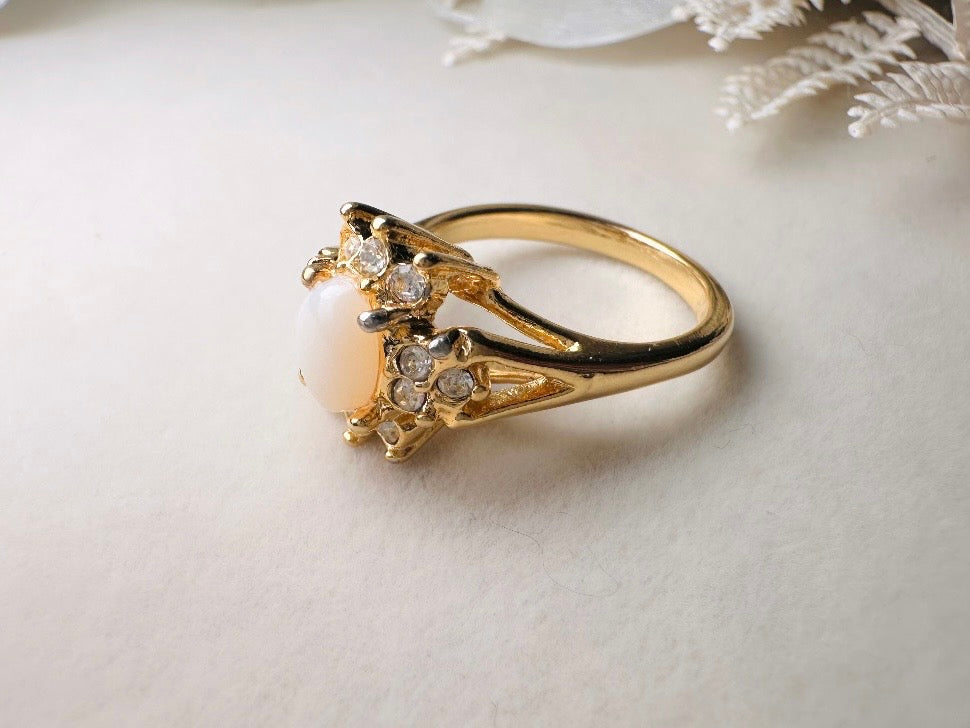 Vintage Cocktail Ring, Faux Opal and Diamond Rhinestone 1960's Costume Fashion Ring, Gold Toned Diamond Hollywood Regency Ring Size 6.5
