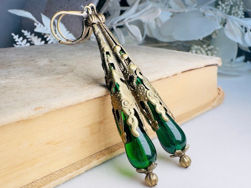 Green Teardrop Earrings, Handmade Renaissance Jewelry with Victorian Filigree, Romantic Gothic Long Beaded Crystal Dangle Earrings