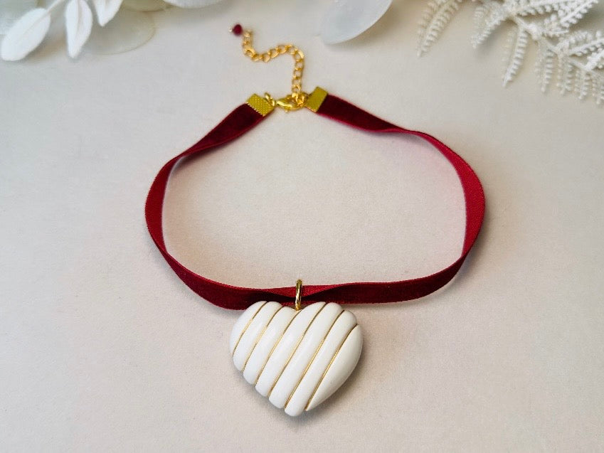 Cream and Gold Vintage Striped Puffy Heart Pendant on Cranberry Red Velvet Choker