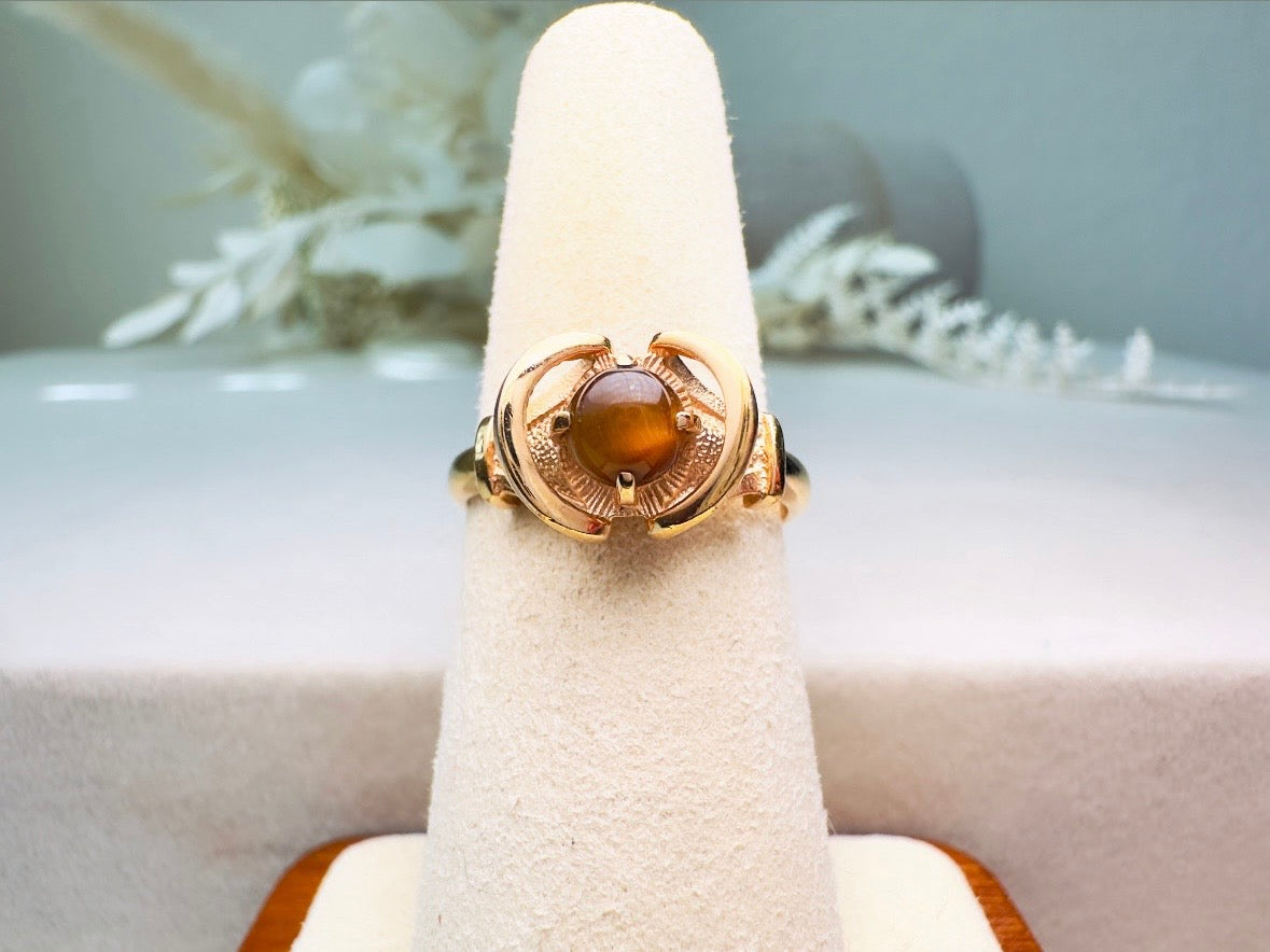 Tigers Eye Ring, 14kt Gold Vintage Gemstone Ring, Beautiful Boho 70s Genuine Tiger's Eye Ring from 1978, Adjustable Size 7