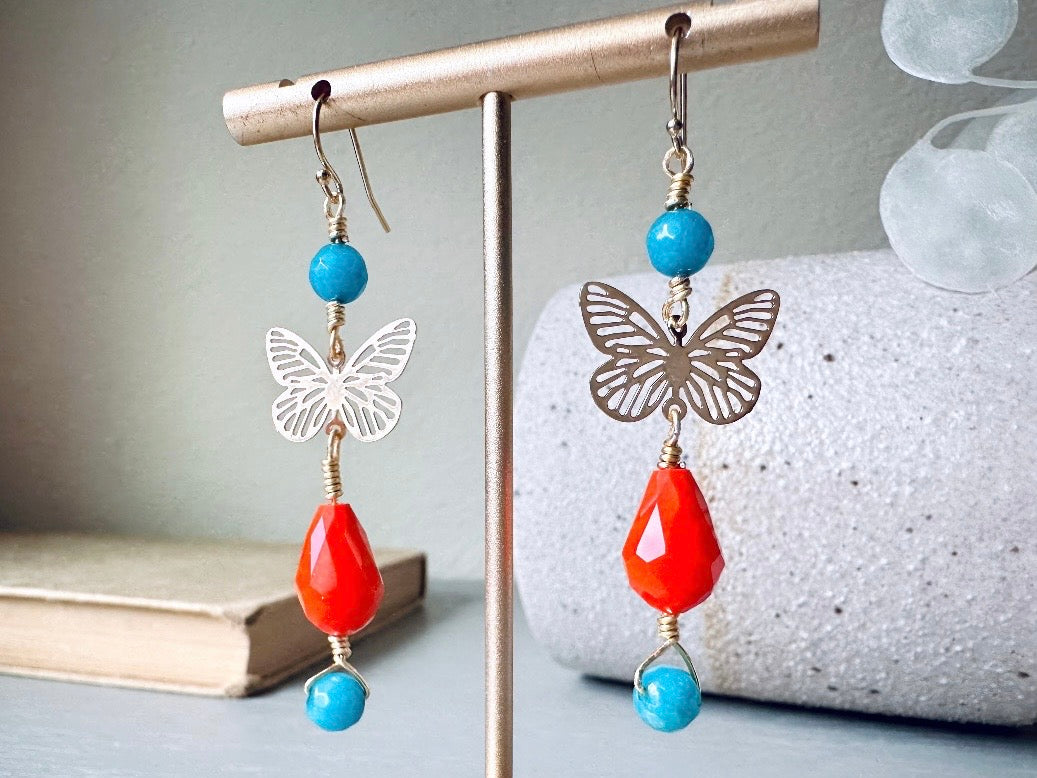 Handmade Butterfly Earrings, Bright Colorful 14k Gold Filigree Butterfly Dangle Earring, Turquoise Blue Agate & Vibrant Orange Crystal Drops