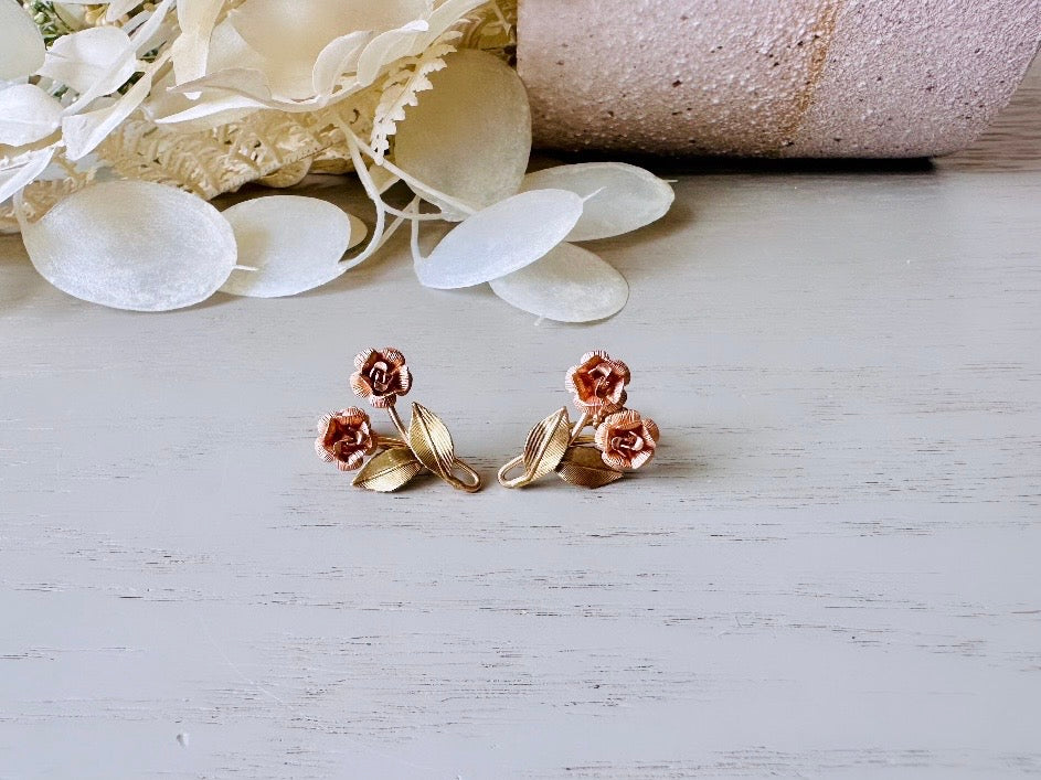 Gold Rose Earrings, Gorgeous Dainty Vintage Screwback Earrings, Sculptutal Rose Gold Leaf Mesh Rose Nonpierced Earrings, Krementz Jewelry