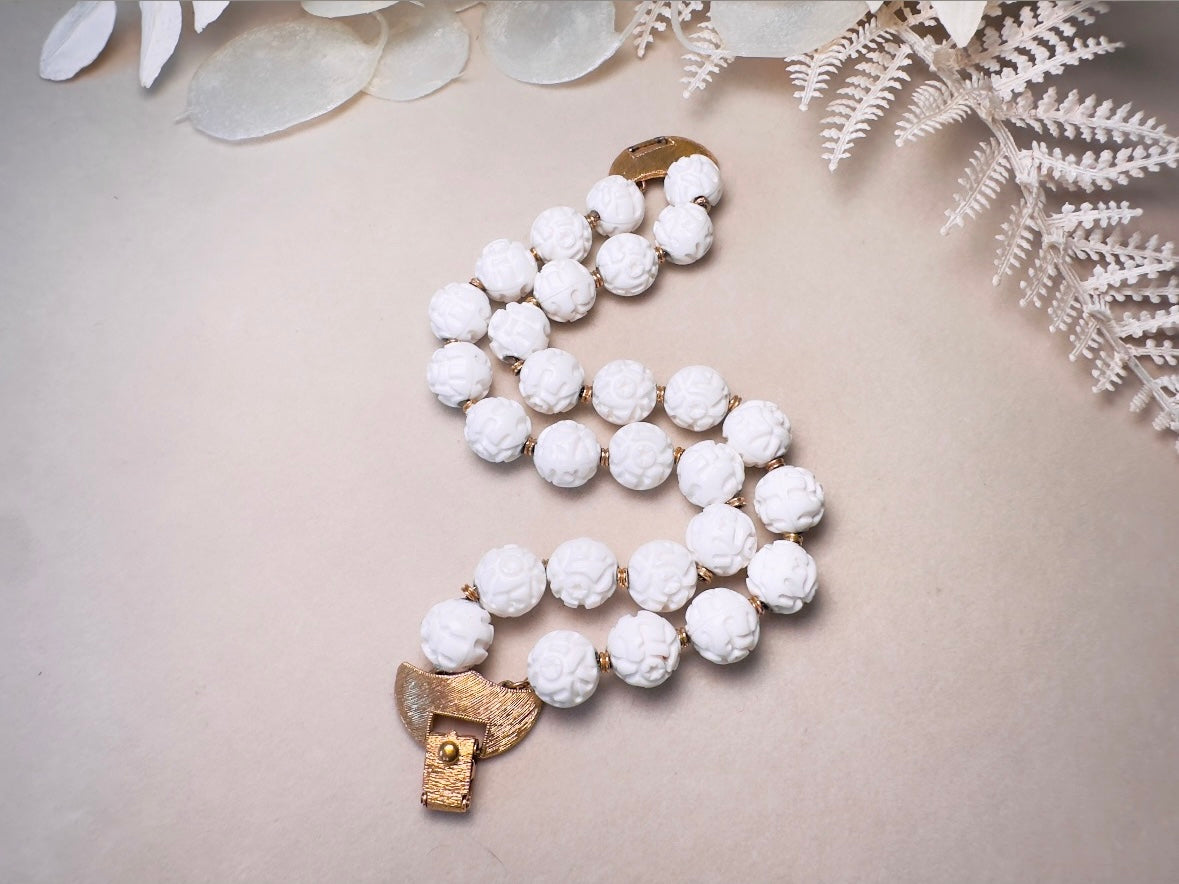 White Monet Bracelet, 1960s Carved Rose White Acrylic Beaded Double Strand Floral Bracelet