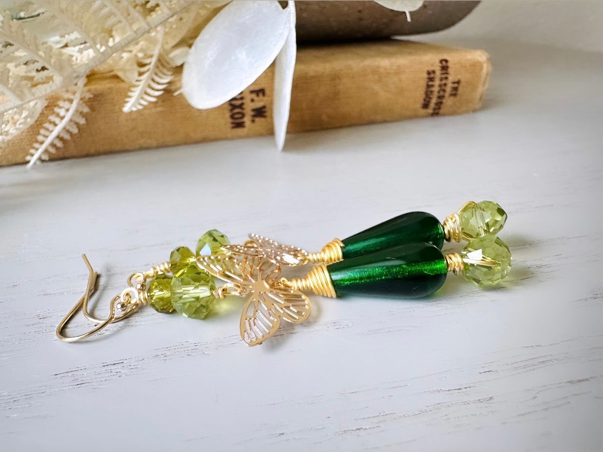 Green Butterfly Earrings, Bridgerton Inspired Handmade 14k Gold Filigree Butterfly Green Crystal Dangle Earrings, Woodland Whimsical Earring by Piggle and Pop