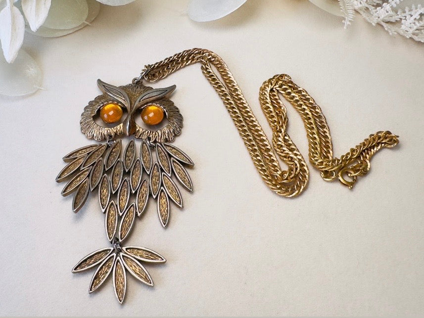 Gold Owl Pendant Necklace, Vintage 1970s Articulated Statement Necklace