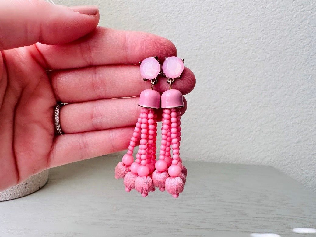 Pink Tassel Earrings, Bright Pink 1960s Earrings, Swinging 60s Vintage Earrings, Barbie Pink Mod Pop Beaded Fringe Pierced Fashion Earrings