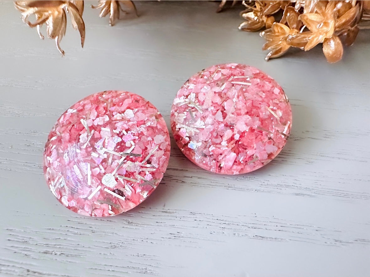 Pink Confetti Earrings, Barbie Pink Glitter Party Earrings, Vintage Colorful Confetti Clip on Earrings, Sparkle Button Mod 60s Retro Fashion