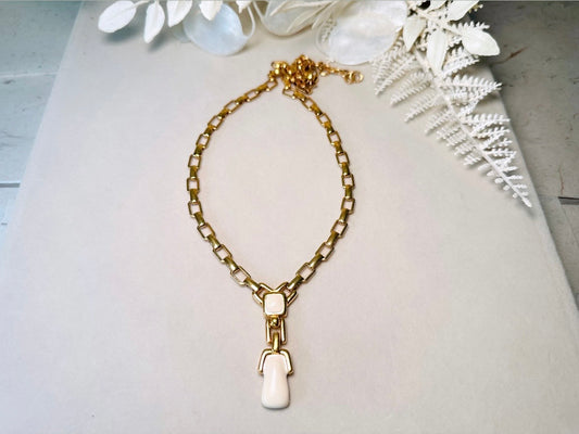 Vintage Y Necklace, Monet Necklace in Cream and Gold, Bold 1970s Vintage Geometric Chain Y Drop Necklace,