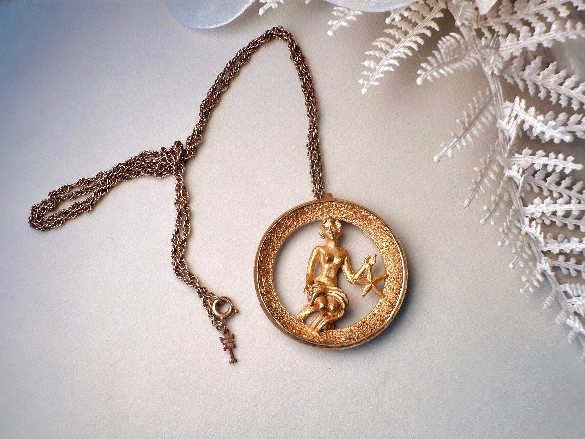 RARE Vintage Virgo Zodiac Necklace, Signed Trifari Star Sign Astrology Necklace September Birthday Gift Necklace, Long Gold Pendant Necklace