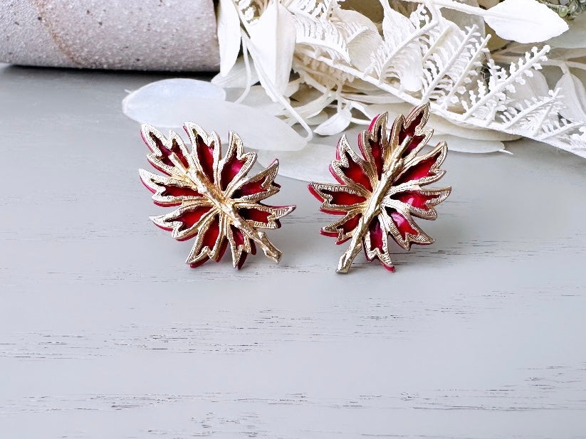 Red and Gold Leaf Earrings, Unique Vintage Earrings, Red Vintage Enamel Leaf Earrings, 1960s VTG Clip On Earrings, Gorgeous One of a Kind