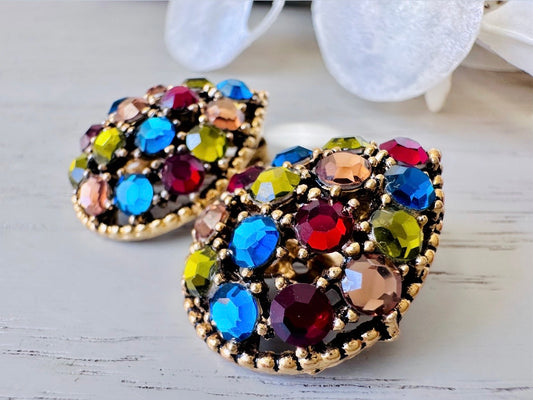 1960's Sparkling Rainbow Earrings, Colorful 60s Inverted Teardrop Clip Ons, Gorgeous Rhinestone Cocktail Earrings, Unique Gem Earrings