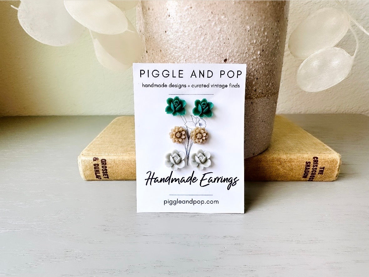 Botanical Post Earrings Set, Flower Stud Earrings in Emerald Green, Latte Brown and Cool Grey Earring Gift Set, Cute Floral Resin Earrings handmade by Piggle and Pop