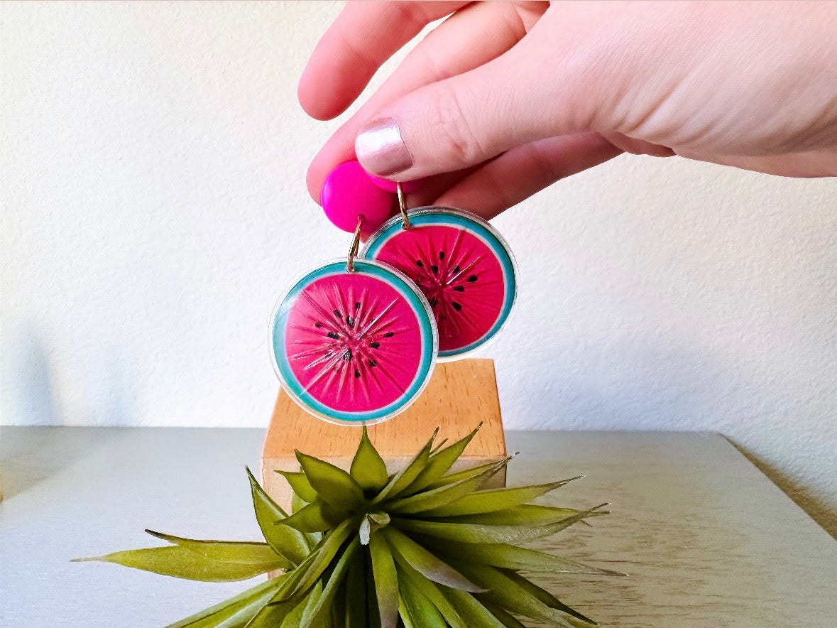 Vintage Watermelon Earrings, Hot Pink 1993 Tooty Fruity Summer Fruit Earrings, Vintage Acrylic 90s Does 60s Retro Watermelon Slice Earrings