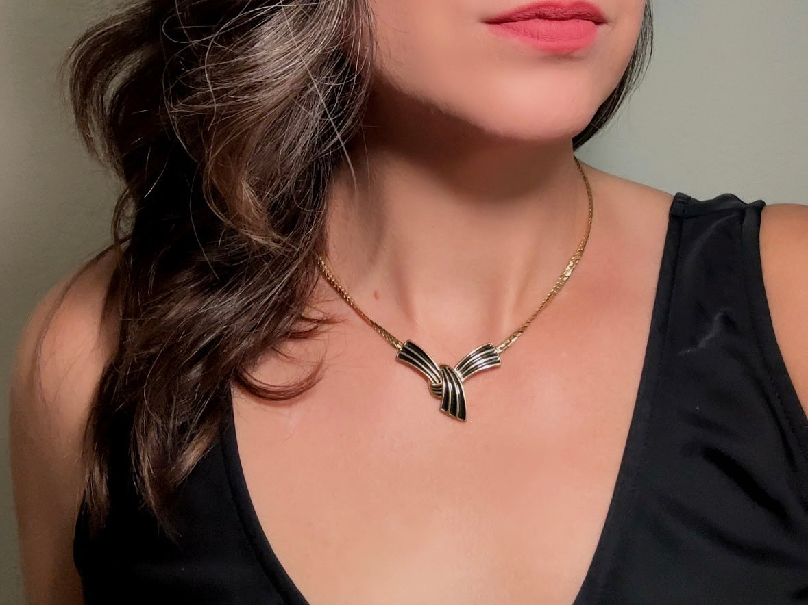Vintage Trifari Bow Necklace, Black and Gold Ribbon Pendant Necklace on Gold Herringbone Chain