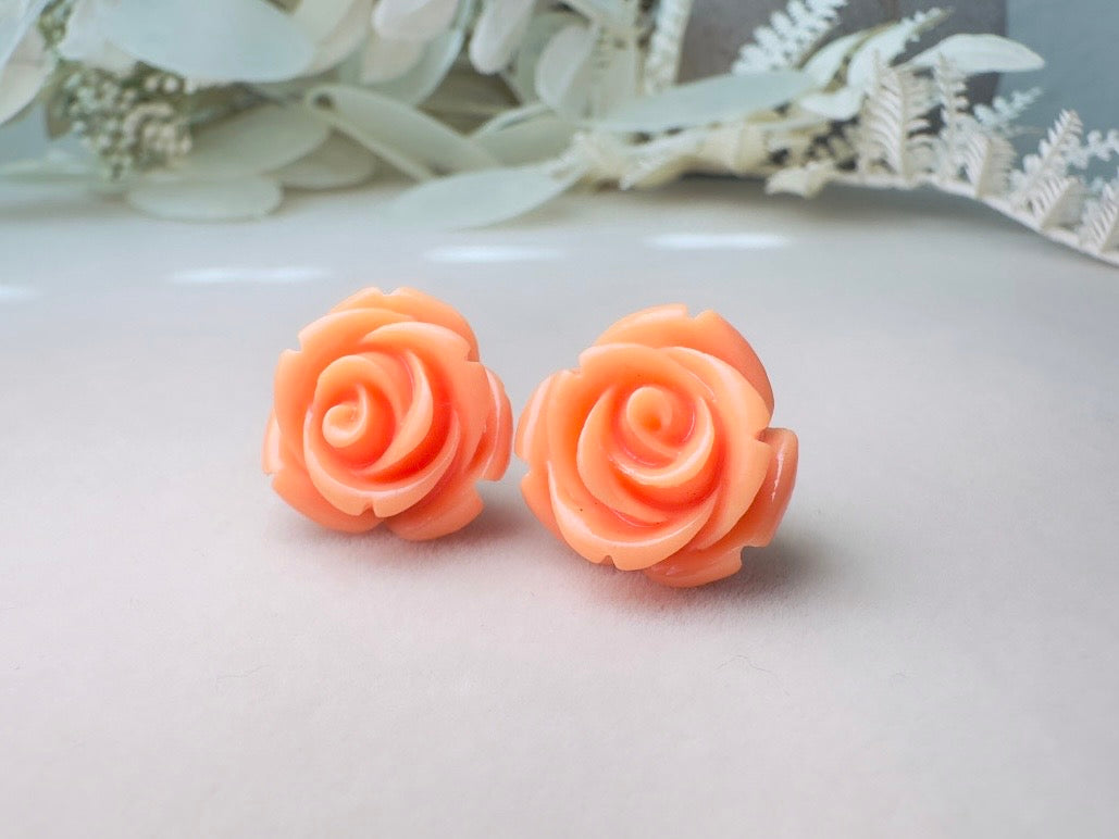 Orange Rose Earring, Light Orange Sorbet Summer Earrings, Colorful Cute Large Rose Stud Earrings, Resin Cabochon Rosettes, Hypoallergenic