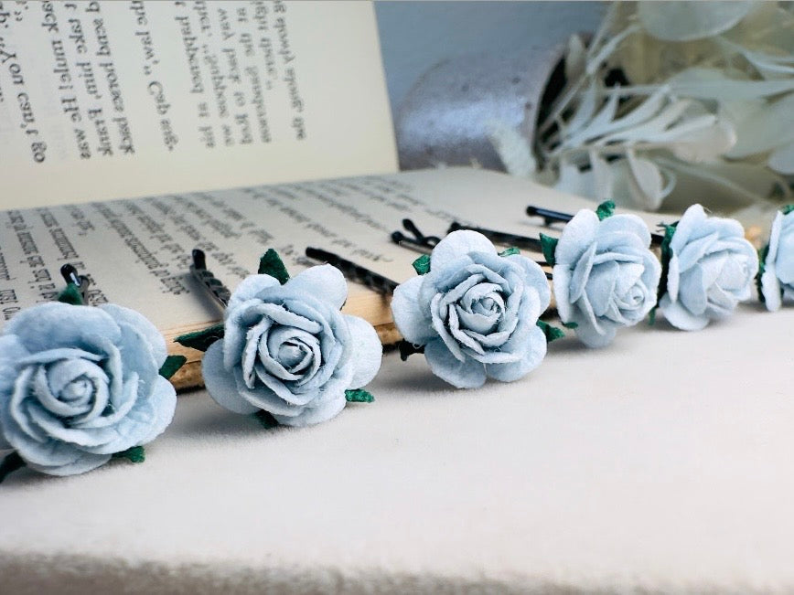 Ice Blue Flower Hair Pins, Handmade Mulberry Paper Rose Bridal Bobby Pins