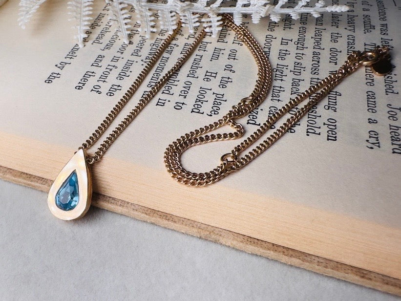 Aquamarine Birthstone Necklace, Vintage Austrian Crystal Blue Raindrop Pendant on Fine Gold Chain