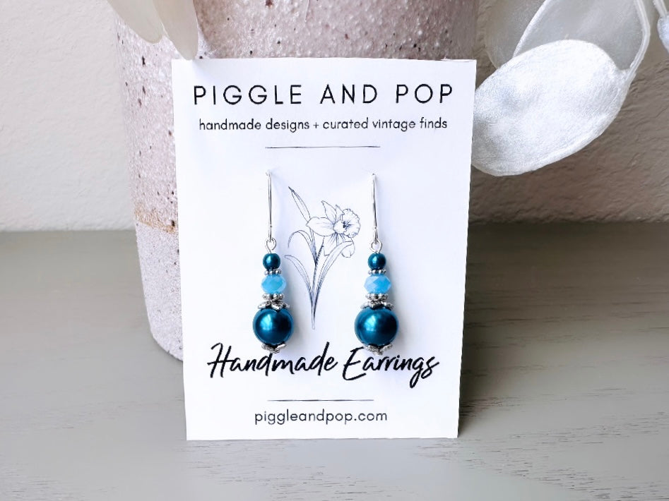 Piggle and Pop Teal Pearl Earrings, Handmade Pearl and Crystal Beaded Earrings March Birthday Earrings, Aqua Spring Jewellery Peacock Blue Jewelry by Piggle and Pop