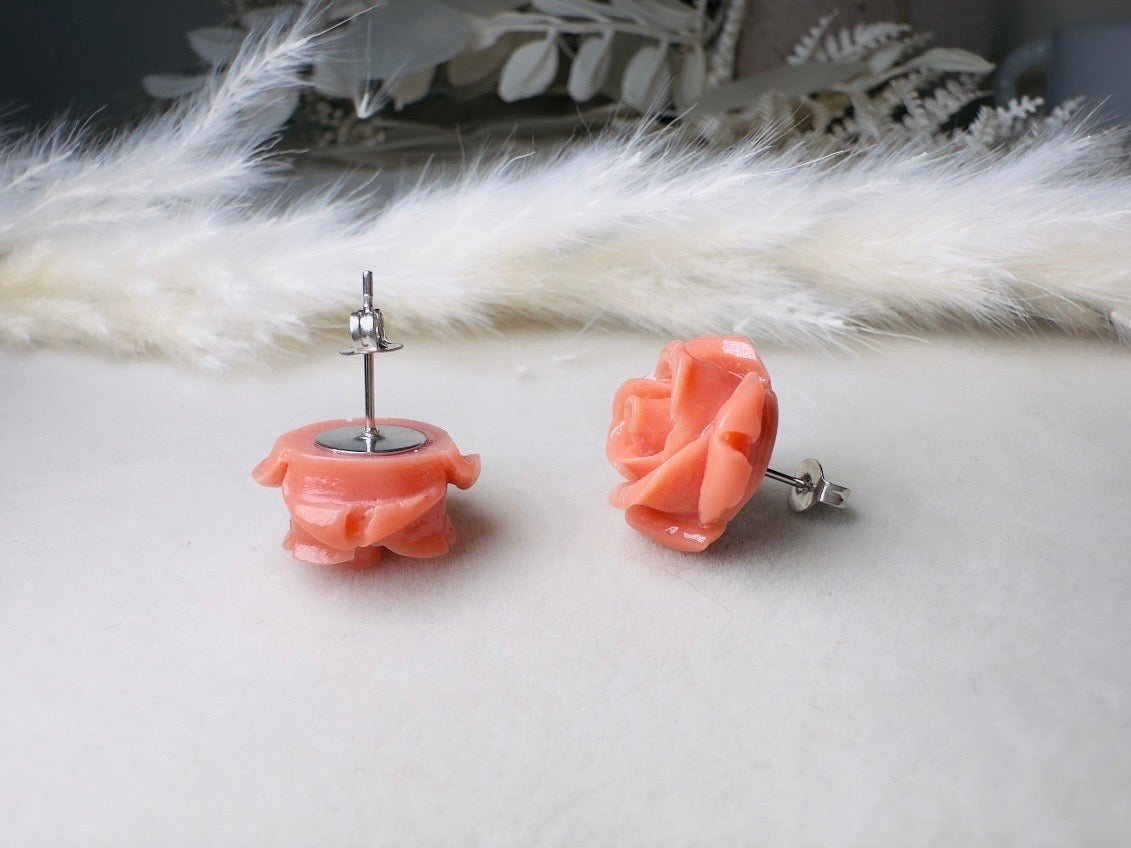 Coral Pink Rose Earrings, Large Rose Stud Earrings, Resin Cabochon Rosettes Hypoallergenic Surgical Steel Handmade Earrings Sensitive Ears