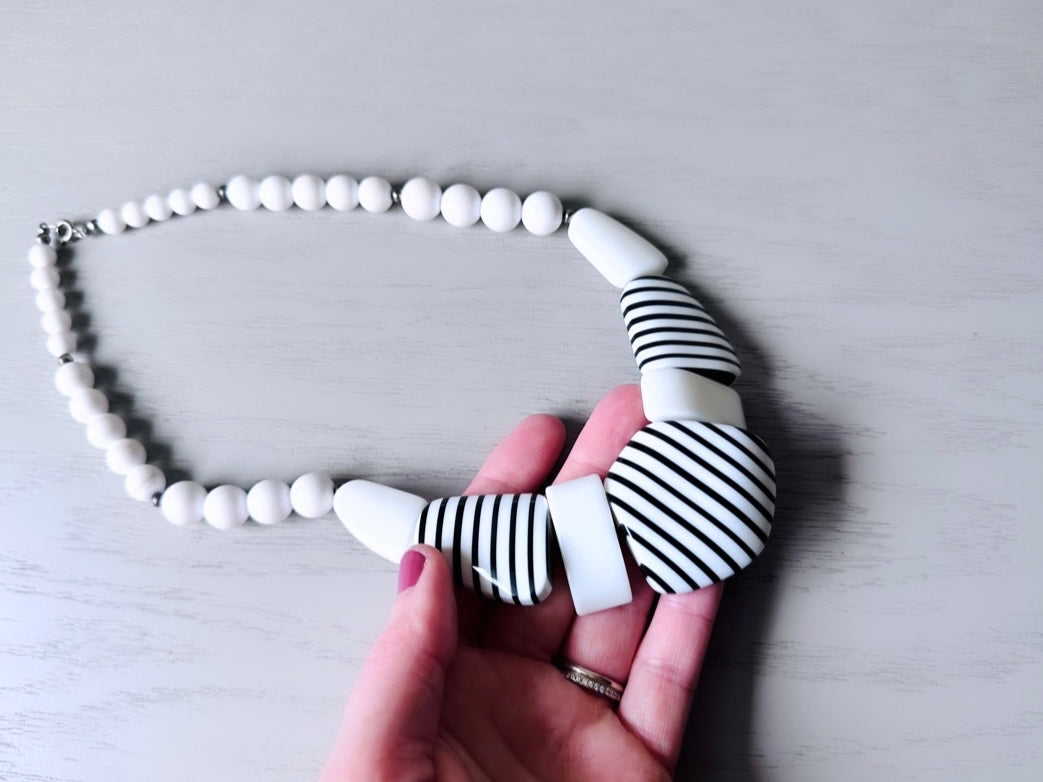 Black and White Vintage Necklace, Vintage Acrylic Necklace, Vintage Nautical Sailor 1960s Retro Mod Necklace, Unique Chunky Striped Necklace