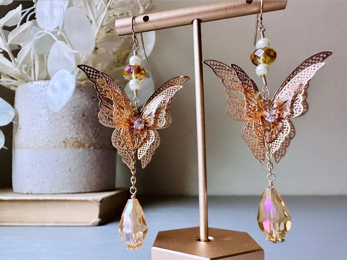 Golden Butterfly Earrings, Handmade Gold Filigree Butterfly Long Dangle Earrings, Gold Crystal and Pearl 14kt Gold, Faerie Wedding Earrings