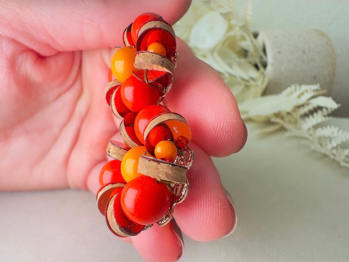 Vintage Japanese Earrings, Colorful 60s Earrings in Red + Orange with Wood and Sequins, Beaded Clip On Earrings
