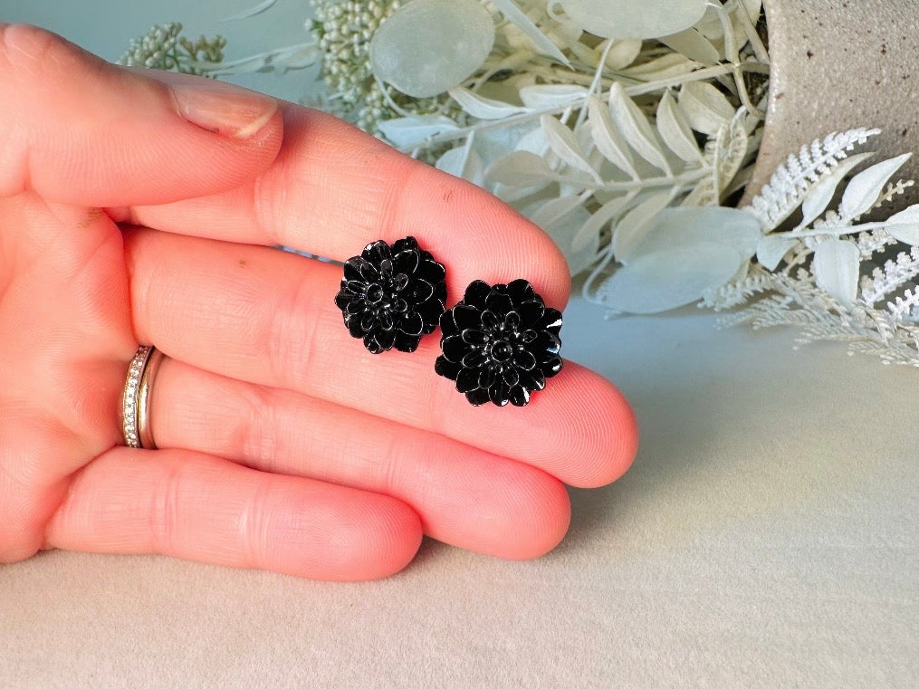 Black Flower Studs, Black Dahlia Earrings, Cute Flower Earrings, Black Flower Earring