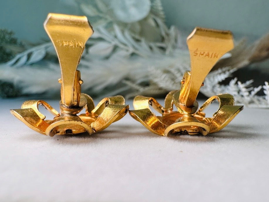 Vintage Damascene Earrings, Black and White Enamel Embossed Flower Shape Vintage Clip On Earrings, Made in Spain,